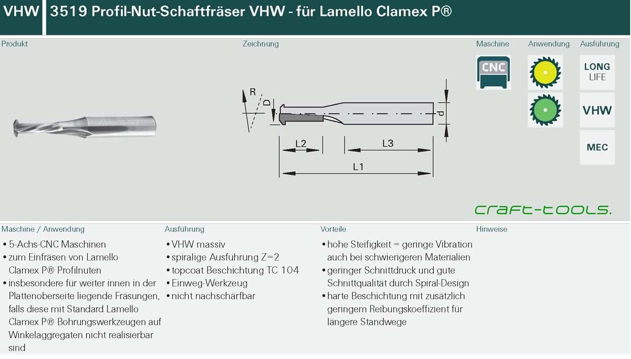 3519 Profil-Nut-Schaftfräser VHW - für Lamello Clamex P®